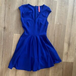 V neck fit and flare royal blue cocktail party dress